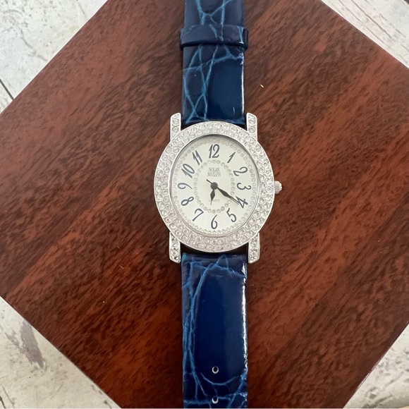 Nolan Miller Crystal Silver Blue Leather Band Watch  Woman QVC - Picture 1 of 15
